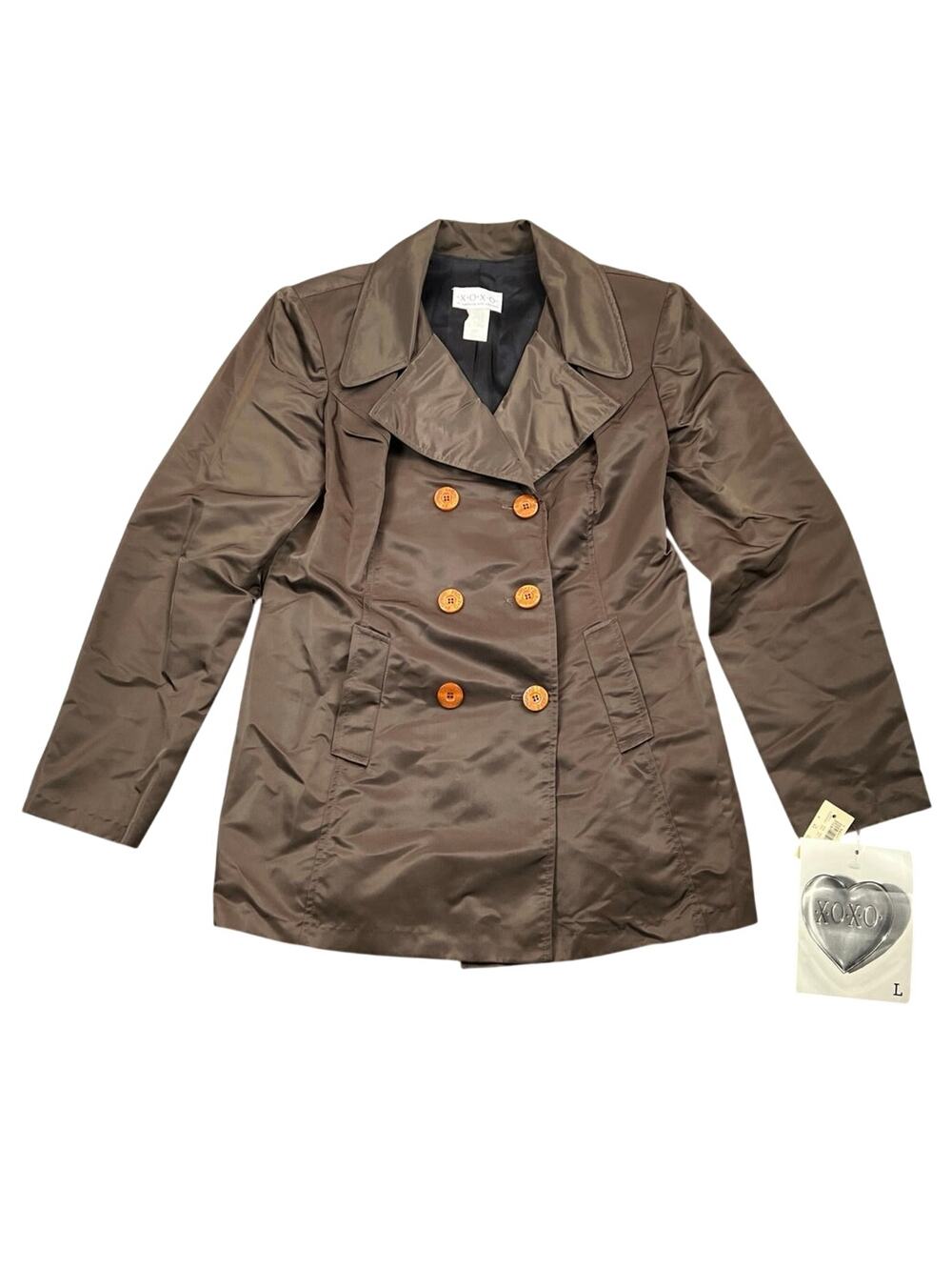 NWT XOXO Brown Y2K Double Breasted Trench Jacket Satin Finish Button Coat - L